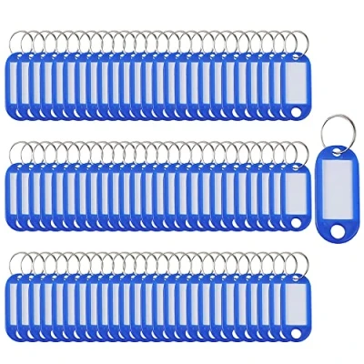 Immagine di 100 etichette per portachiavi, in plastica, targhette nome, bagagli, con anelli divisi, colore Blu, 5 x 2.2cm