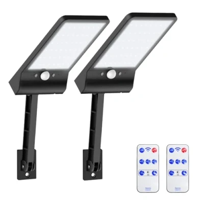 Immagine di Moman Faretti Solari a LED da Esterno, 2 Pezzi Lampada Solare con Sensore di Movimento 3 Modes IP65 Impermeabile 6000K Faretto Telecomando per Garage, Luce Esterno Lampioni