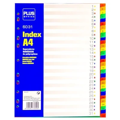 Immagine di Plus Office raccoglitori A4 con 31 linguette in polipropilene riciclabile al 100%, numeri 1 31, divisori 11 fori e ciglia per ad anelli, scuola ufficio