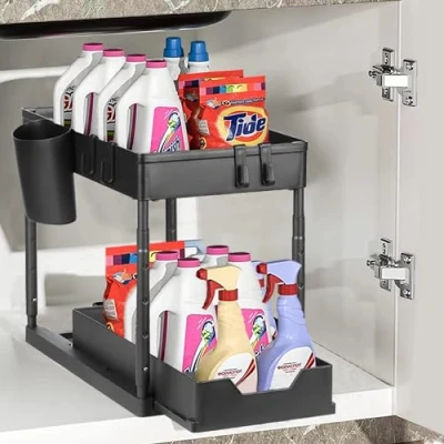 Immagine di Eufrozy Organizer Sottolavello Cucina, a 2 Livelli, Alzare Scorrevole Scaffale Cassetti con 4 Ganci e 1 Tazza Sospesa, Multiuso per Cucina Bagno