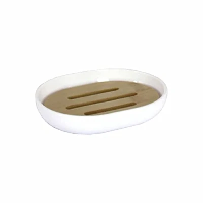 Immagine di Douceur d&#039;Intérieur Portasapone, poliestere e bambù, bianco, 12,2 x 9,3 2,5 cm