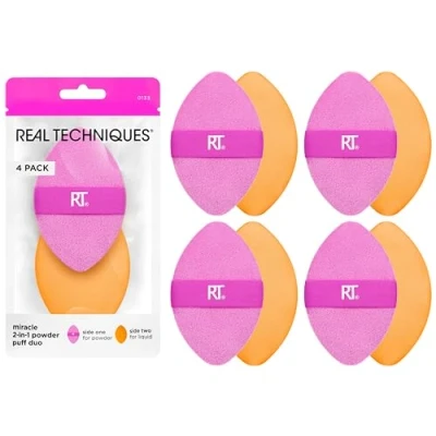 Immagine di Real Techniques Miracle, spugnetta in polvere 2 1, confezione da 4, per miscelare il trucco su entrambi i lati, fascia elastica reversibile, crema e