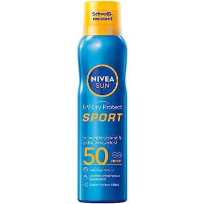 Immagine di NIVEA SUN Spray solare UV Dry Protect Sport SPF 50 (200 ml), 100% trasparente e rinfrescante, resistente al sudore ed extra impermeabile