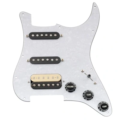 Immagine di Musiclily Pro Auto Split HSS Battipenna Precablato Pre Wired Loaded Pickguard con Artec Alnico 5 Pickups per Chitarra Elettrica tipo Strato, 4 strati White Pearl