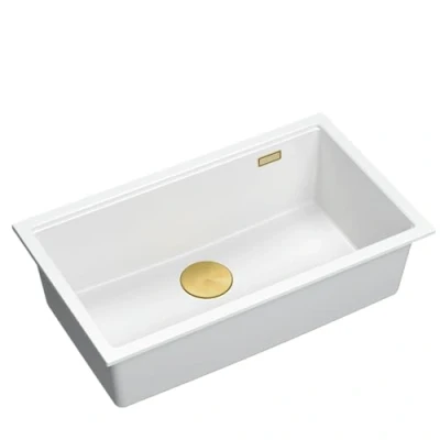 Immagine di QUADRON Lavello a una vasca in granito Cucina Dimensioni 70 x 37 23,5 cm Bianco + Oro Pvd (Vasca da Incasso) LOGAN 110 incasso Base del mobile 80 sottopiano