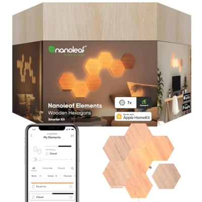 Immagine di Nanoleaf Elements Starter Kit, 7 Esagoni Luminosi Led Effetto Legno Smart Applique da Parete Interno Modulari, Luci Dimmerabile WiFi, Funziona con Alexa, Sincronia Musicale, Decorazioni Casa