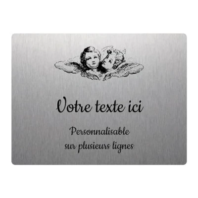 Immagine di Targhetta con incisione funeraria due teste di angeli autoadesive, 20 x 15 cm, personalizzata da 1 a 3 righe in alluminio spazzolato