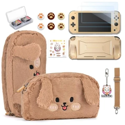 Immagine di innoAura custodia per Switch Lite,Bundle di accessori 14 in 1 Lite con da trasporto carina,protezione schermo Lite, giochi Switch(Cane Marrone)