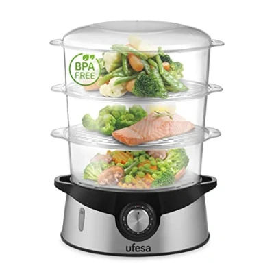 Immagine di Ufesa CV4000 Vaporiera 800 W, 3 Vassoi Impilabili, Capacità 9 L, Timer da 60 min, Include Ciotola 1 L per Riso e Supporto Uova, Senza BPA, Inox