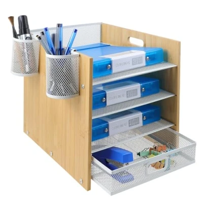 Immagine di TSDRBWO Vassoio porta lettere in bambù a 4 ripiani con cassetto, vassoi per archiviazione rete metallica forniture da ufficio, organizer scrivania, formato A4, documenti manico,