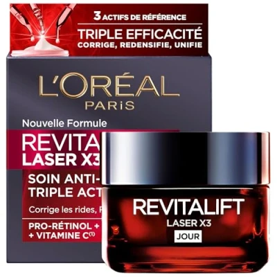 Immagine di L&#039;Oréal Paris Cura profonda viso anti invecchiamento Crema Giorno Tripla azione Acido Ialuronico, Pro Retinolo e Vitamina C Tutti i tipi di Pelle Revitalift Laser X3 50 ml