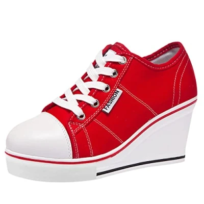 Immagine di ANUFER Donna Tacco a Zeppa Allacciare Tela Scarpa da Ginnastica Espadrillas Rosso SN02435 EU38
