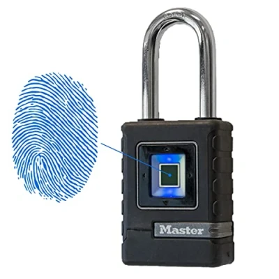 Immagine di MASTER LOCK Lucchetto Biometrico Robusto [Impermeabile] [Resistente agli agenti atmosferici] [Serratura a impronta digitale e serratura di emergenza direzionale] [Archetto lungo] Ideale per esterni