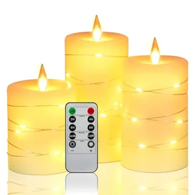 Immagine di Da by candele LED, luci a corda incorporate, LED in 3 pezzi, con telecomando 10 tasti, funzione timer 24 ore, fiamma danzante, cera reale, alimentazione batteria