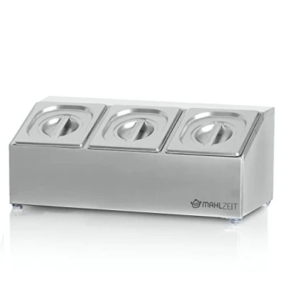 Immagine di Mahlzeit contenitore per ingredienti in acciaio inox, 3 contenitori catering da 1/6 GN con piedini gomma, 51 x 24,5 21,5 cm, cocktail gastronomia, cucina