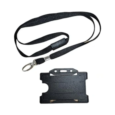 Immagine di ALG ID Cards® Porta badge per carta d&#039;identità nera carte di credito nero Cinturino da collo con clip in metallo e rilascio separato sicurezza supporto pass