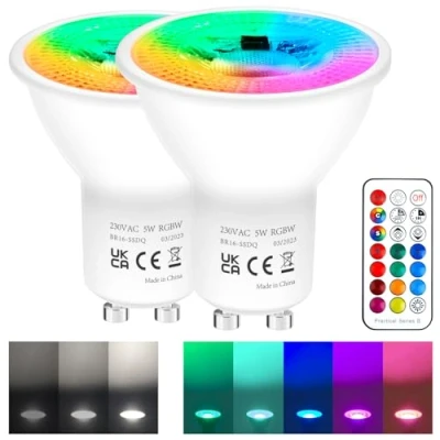Immagine di REYLAX 2pcs Lampadine LED GU10 5W, RGB e Bianco Freddo, Faretto Che Cambiano Colore, 12 Colori 5 Modalità, Attivazione Della Memoria, Regolazione Tramite Telecomando a Infrarossi