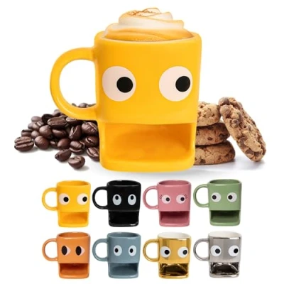 Immagine di FISURA Tazza originale da regalare “occhi. con supporto per biscotti gialla. in ceramica spazio biscotti. capacità di 240 ml.