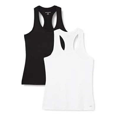 Immagine di Amazon Essentials Canotta Vogatore Tecnica Elasticizzata (Disponibile in Taglie Forti) Donna, Pacco da 2, Nero/Bianco, S