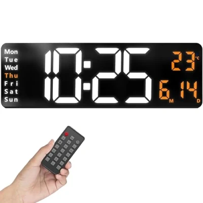 Immagine di Opis Clock 1 XXL (bianco/arancio): Orologio da Parete Digitale Grande con Temperatura, Sveglia, e LED Silenzioso per Casa Ufficio