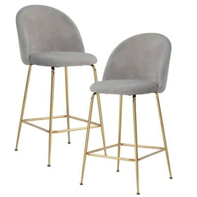 Immagine di FineBuy Set di 2 sgabelli da bar in velluto con schienale e gambe dorate, tessuto scandinavo/metallo, 110 kg, design sedia bar, sgabello bistrò imbottito