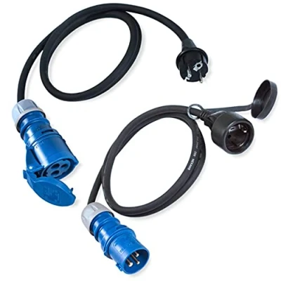 Immagine di IntuiFlex Set di 2 cavi da campeggio CEE 2x 1,5 m cavo adattatore H07RN F 3G2,5 3 x 2,5 mm 230 V 16 A IP44 spina Schuko su presa + blu