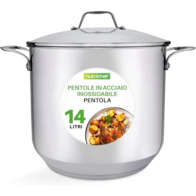 Immagine di NutriChef Pentola in Acciaio Inox 18/8 15 Litri, Adatta per Induzione, Stufati, Cottura a Fuoco Lento e Zuppe, con Coperchio Trasparente Lavabile Lavastoviglie