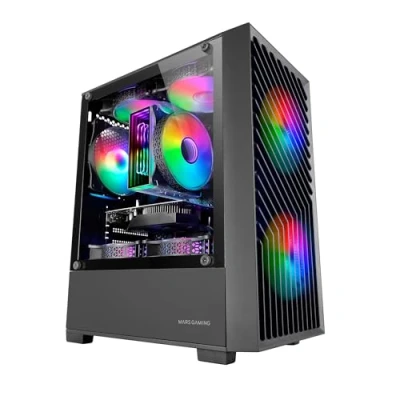 Immagine di MARSGAMING MC VORTEX, Case Gaming MicroATX, Frontale Mesh Geometrico, Finestra Laterale in Vetro Temperato, 3x Ventole FRGB Rainbow 120mm, Mini Torre PC Compatta con Design a Doppia Camera, Nero