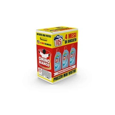 Immagine di Omino Bianco Detersivo Lavatrice Liquido, 105 Lavaggi, Rispetta Colori e Tessuti, Fresco Profumo con Essenza di Muschio Bianco, 1400 ml x 3 Confezioni