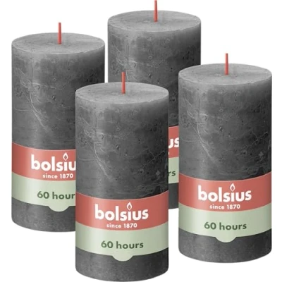 Immagine di BOLSIUS 103668790331 Candela rustica a pilastro, colore antracite, 13 x 7 cm, confezione da 4, grigio scuro,