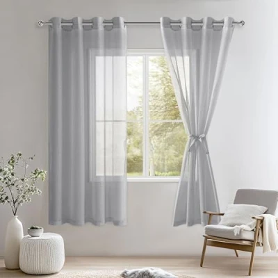 Immagine di DWCN Tende bianche in voile, con occhielli, trasparenti, per camera da letto, cameretta dei bambini, soggiorno, set 2, grigio, 160 x 140 cm (altezza larghezza)