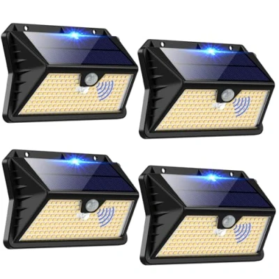 Immagine di Faro LED Esterno con Pannello Solare[4 Pezzi], Luce Solare Sensore di Movimento, 185 LED/3 Modos Lampada Solare, 2200mAh IP65 Impermeabile Lampione per Giardino(Bianco caldo)