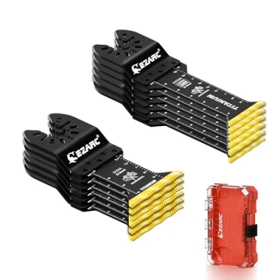 Immagine di Lame per sega oscillante EZARC in titanio, standard e extra lunghe, perfette tagliare metallo, legno, chiodi, viti plastica. Confezione da 12.