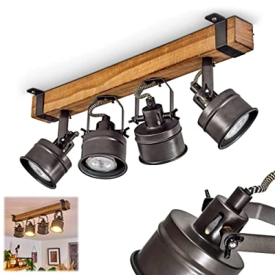 Immagine di hofstein lampada a soffitto Pehefito, in metallo/legno dal design vintage nero/marrone, retrò con travi legno e faretti regolabili, 4x GU10,senza lampadina/e