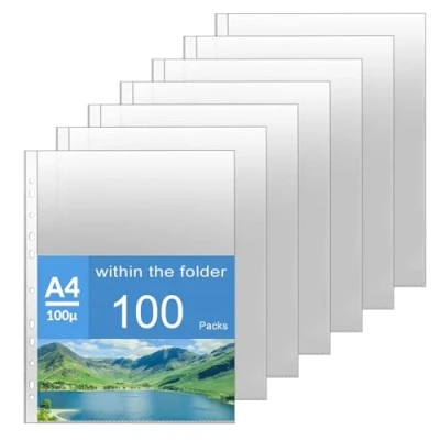 Immagine di LALATOK 100 Pezzi Buste Perforate DIN a4, Raccoglitore di Raccolta, Portadocumenti in Plastica PP Extra Resistente da 100µ per Proteggere Documenti Carta