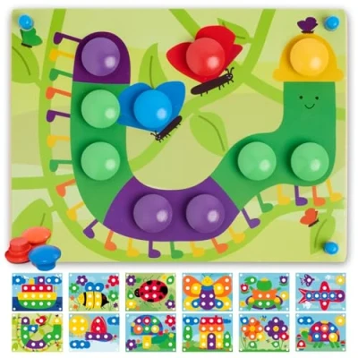 Immagine di Nene Toys Gioco Chiodini per Bambini di 2+ Anni, Puzzle Educativo in Legno 2 3 Anni Giocattoli Montessori con Colorati e Carte Abbinate Regalo Didattico Bimbo Bimba