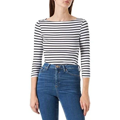 Immagine di Amazon Essentials T Shirt con Scollo a Barchetta in Tinta Unita Manica 3/4 e vestibilità Aderente Donna, Bianco Righe, M