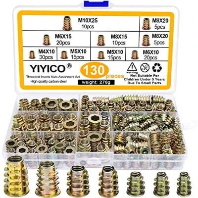 Immagine di YIYICO Boccole Filettate per Legno Inserti Filettati M4 M5 M6 M8 M10 Inserto Filettato 130pz Assortimento Dadi Esagonali in Lega di Zinco Mobili