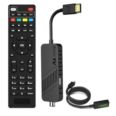 Immagine di LEYF Decoder Digitale Terrestre DVB T2 2024, Full HD 1080P Decoder, Nascosto dietro la TV, display digitale, H265 HEVC Main 10 Bit, Telecomando 2in1 HDMI/AV, USB, TV Stick