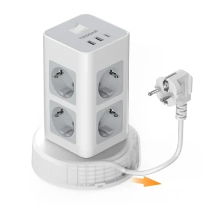 Immagine di TESSAN Ciabatta Multipresa con USB C, Elettrica 8 Prese, Verticale Cavo Retrattile, 2M e Interruttore, Schuko
