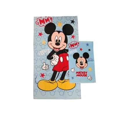 Immagine di Mickey Mouse Disney, Asciugamani Bagno in Spugna, Set 2 Bagno, Asciugamano Viso, Bidet, Azzurro, Cotone, 100 Percento, pezzi, Prodotto Ufficiale