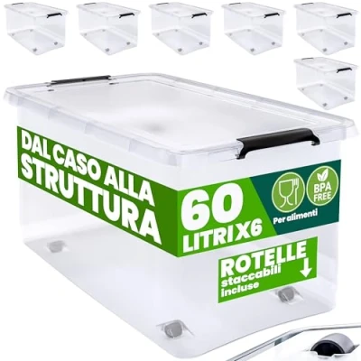 Immagine di Deuba® 6X 60L Scatole in Plastica Trasparente Senza BPA Contenitori con Coperchio Impilabili Ruote Cassette Salvaspazio