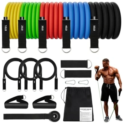 Immagine di Elastici Fitness 8 Elastico Palestra Bande Elastiche Set Fasce di Resistenza Estensori per Pettorali Uomo 300LB Yoga, Pilates