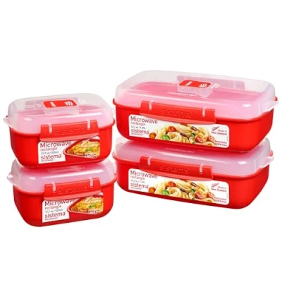 Immagine di Sistema Heat and Eat Microwave Set 4 Contenitori alimentari rettangolari con coperchi (2 x 1,25 L + 2 525 ml) Clip e sfiato per il vapore Privi di BPA
