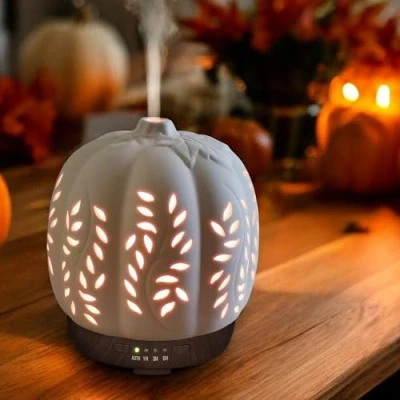Immagine di Earnest Living diffusore di oli essenziali in ceramica per Halloween, autunno e autunno, zucca, timer da 250 ml, luci notturne spegnimento automatico, umidificatore aromaterapia,