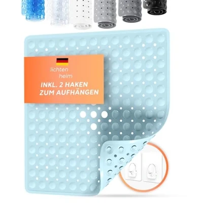 Immagine di LICHTENHEIM tappetino da doccia antiscivolo Sensitiv 53 x cm, con 2 ganci, per vasca bagno senza BPA, resistente alla muffa e lavabile (azzurro)