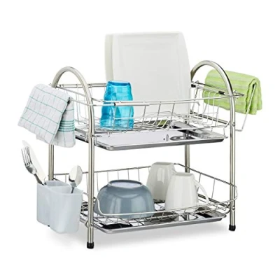 Immagine di Relaxdays Scolapiatti su 2 Livelli, Porta Posate, Vaschetta Sgocciolatoio, Vasca per l’Acqua,Acciaio,39,5x60x28,Argento, Inox, plastica, Set da 1