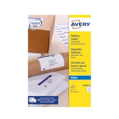 Immagine di Avery etichette per indirizzi personalizzabili, stampanti a getto d&#039;inchiostro, 21 foglio A4, 525 etichette, QuickDRY, colore bianco, 25 fogli