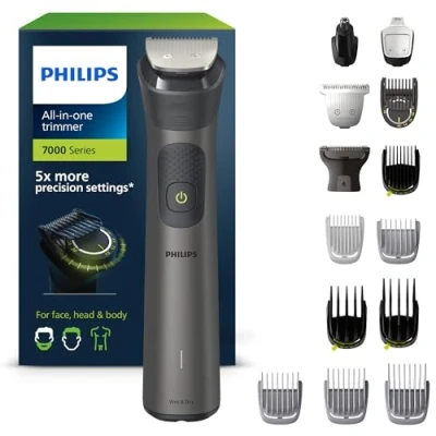Immagine di Rifinitore All in One Philips serie 7000, Multigroom 15 1 per viso, testa e corpo, 26 impostazioni di lunghezza (0,5 20 mm). Un unico strumento, massima precisione (modello MG7950/15)