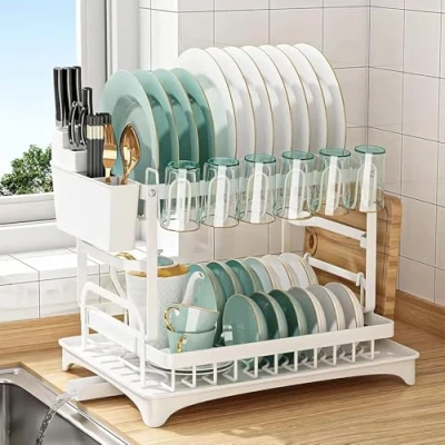 Immagine di scolapiatti a 2 livelli, bianco con vassoio antigoccia, in acciaio inox, tazza, porta utensili e tagliere, per lavello piano di lavoro della